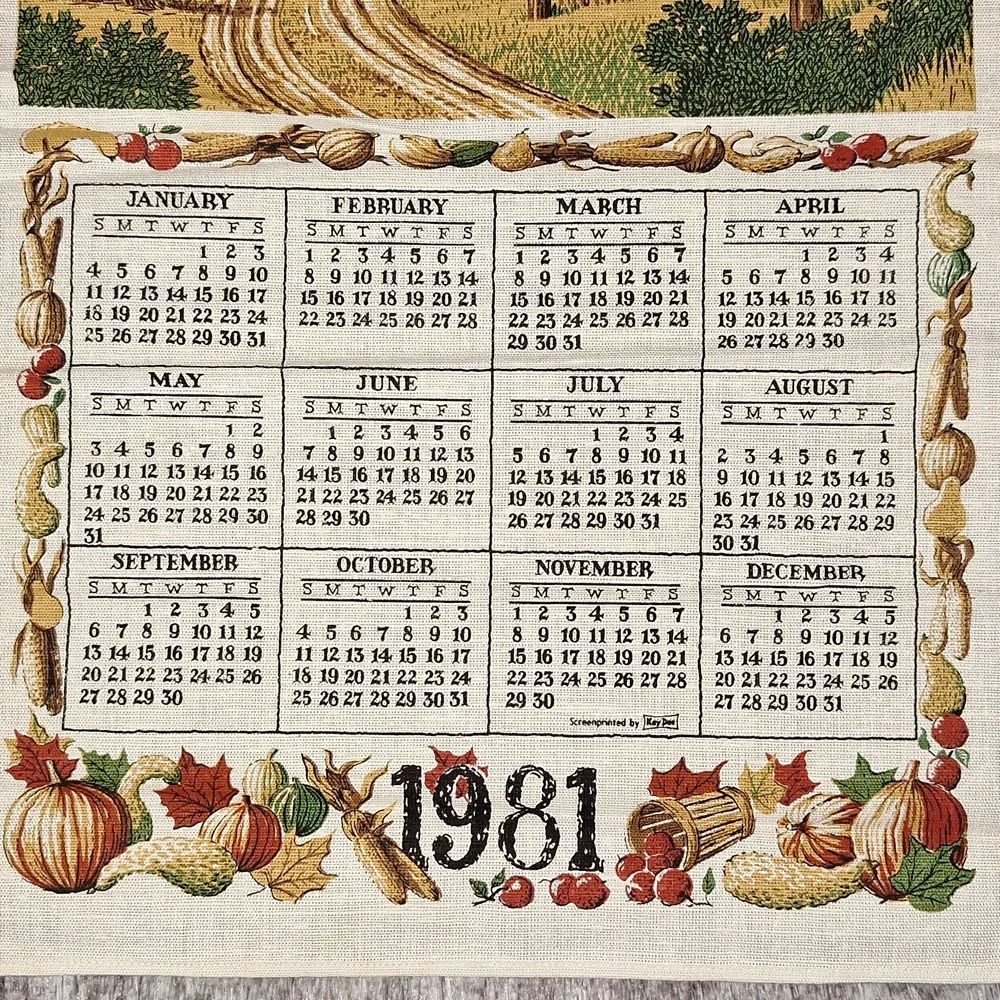 📅 1981 fabric dish cloth towel wall hanging calendar with original envelope